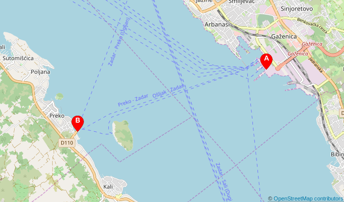 Map of ferry route between Zadar and Preko